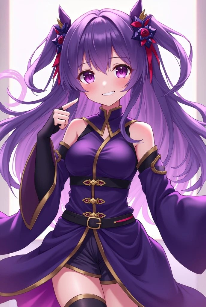 anime girl with purple hair and purple eyes in a purple outfit, ayaka genshin impact, [[[[grinning evily]]]], akasuki voidstar, onmyoji portrait, hajime yatate, anime moe artstyle, portrait knights of zodiac girl, keqing from genshin impact, ayaka game genshin impact, legs spread vagina showing