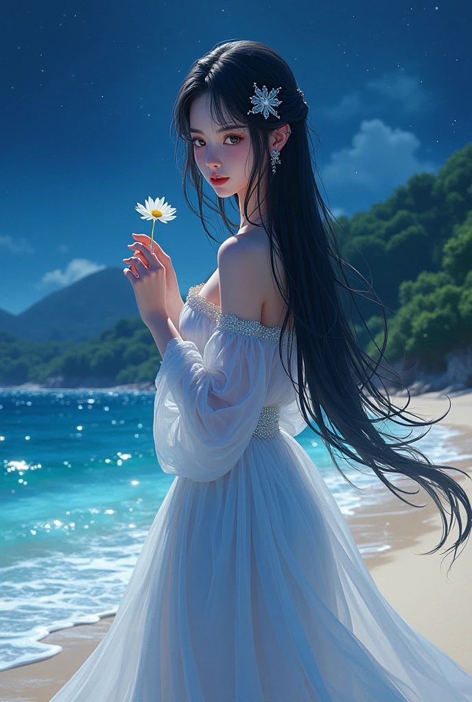 (masterpiece,Highest quality,,8k,High resolution),One female,,Beautiful Face,Beautiful Face,Beautiful eyes,Beautiful lips,,Black Hair,look back,,flower,Sandy beach with a view of the forest,A bright night with stars visible,jewelry,Holding,Long sleeve,necklace,Long Hair,dress,(whole body),Highly detailed anime art,
