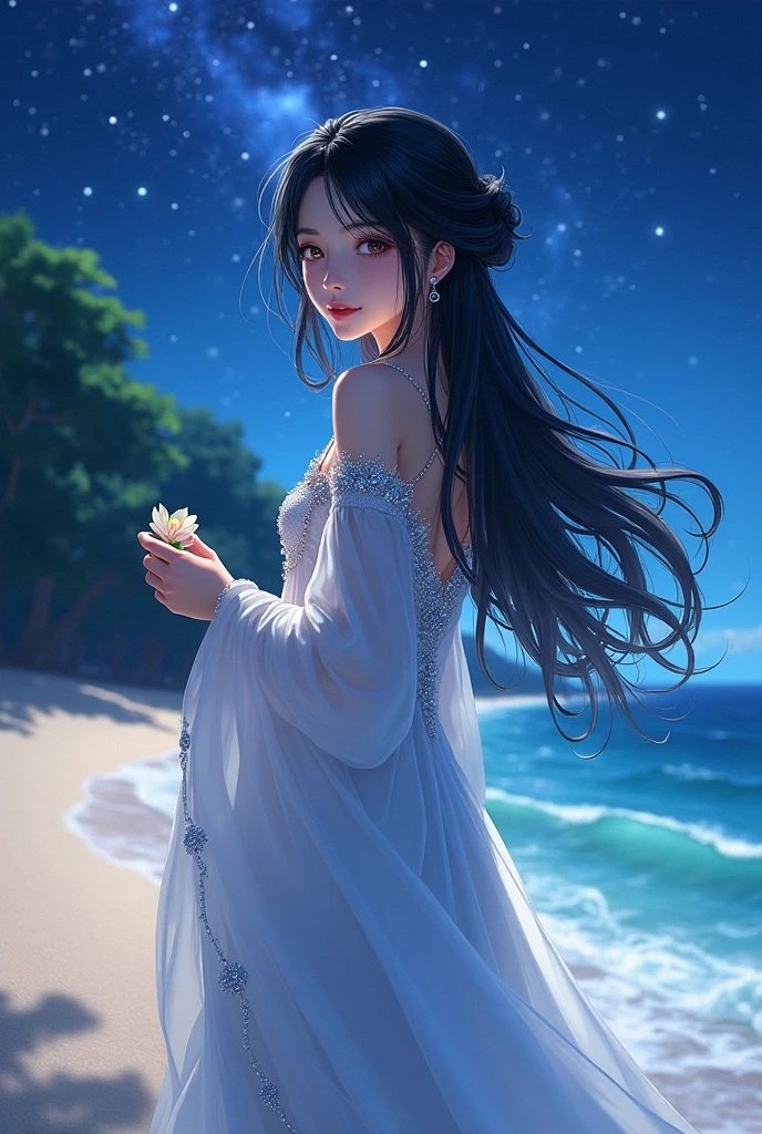 (masterpiece,Highest quality,,8k,High resolution),One female,,Beautiful Face,Beautiful Face,Beautiful eyes,Beautiful lips,,Black Hair,look back,,flower,Sandy beach with a view of the forest,A bright night with stars visible,jewelry,Holding,Long sleeve,necklace,Long Hair,dress,(whole body),Highly detailed anime art,