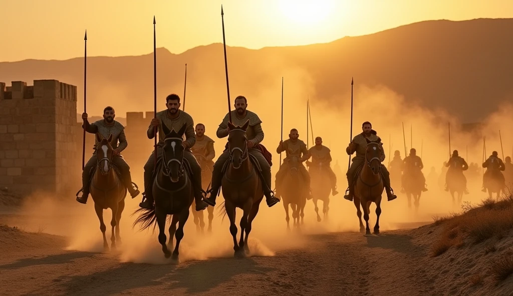 biblical history: King David's soldiers running on many horses to the great battle with the city of Israel in the background of the image without flags