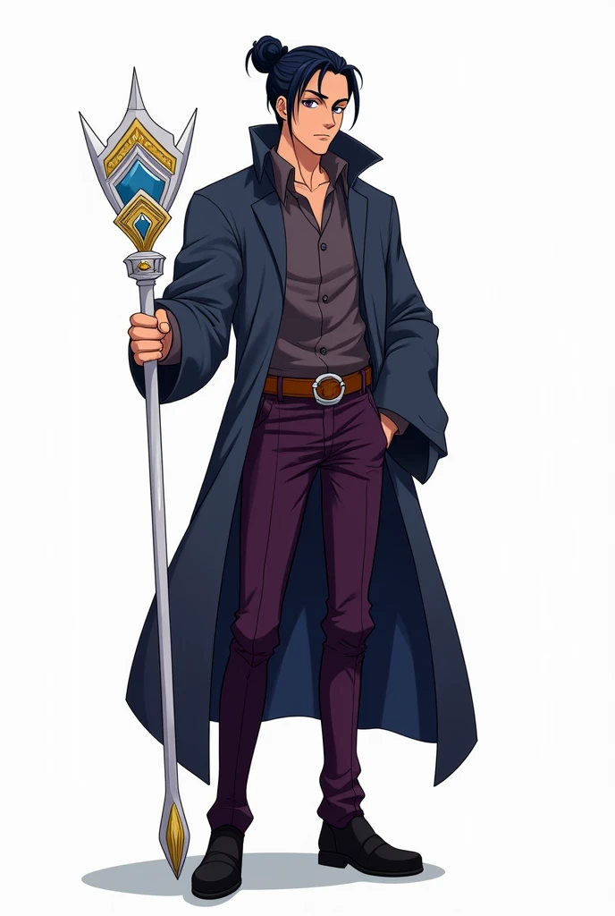 Make a wizard of d&d, he has a bun style hair, Her eyes are dark purple, your skin is peachy in tone, a little tanned, he wears a dark blue overcoat with a brown belt, His pants are dark purple and his shoes are black, he uses a white staff with small yellow and blue details, with a symbol of mystra the goddess of magic of d&d, do it in anime style, similar to the art style of attack on titan by estudio mappa, remove the background from the image, and leave it as a conceptual art