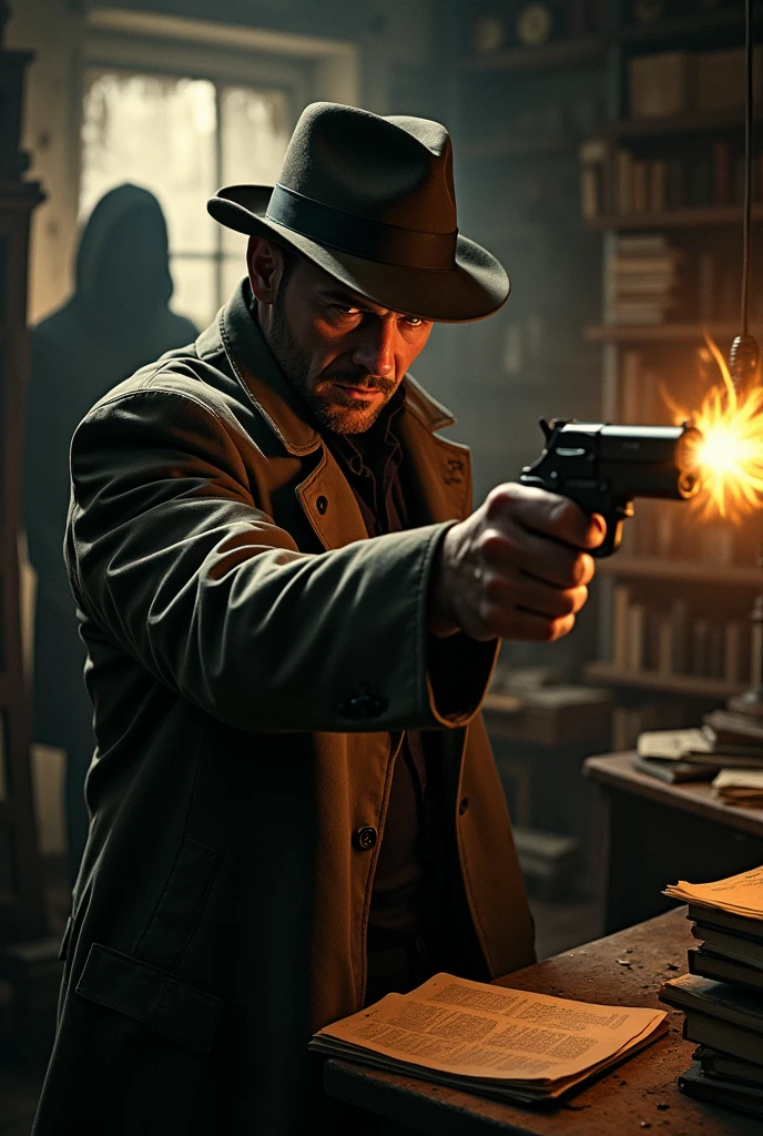 Detective pulls out his revolver, aiming determinedly at the hooded figure in the dark, cluttered room lit by a lantern.