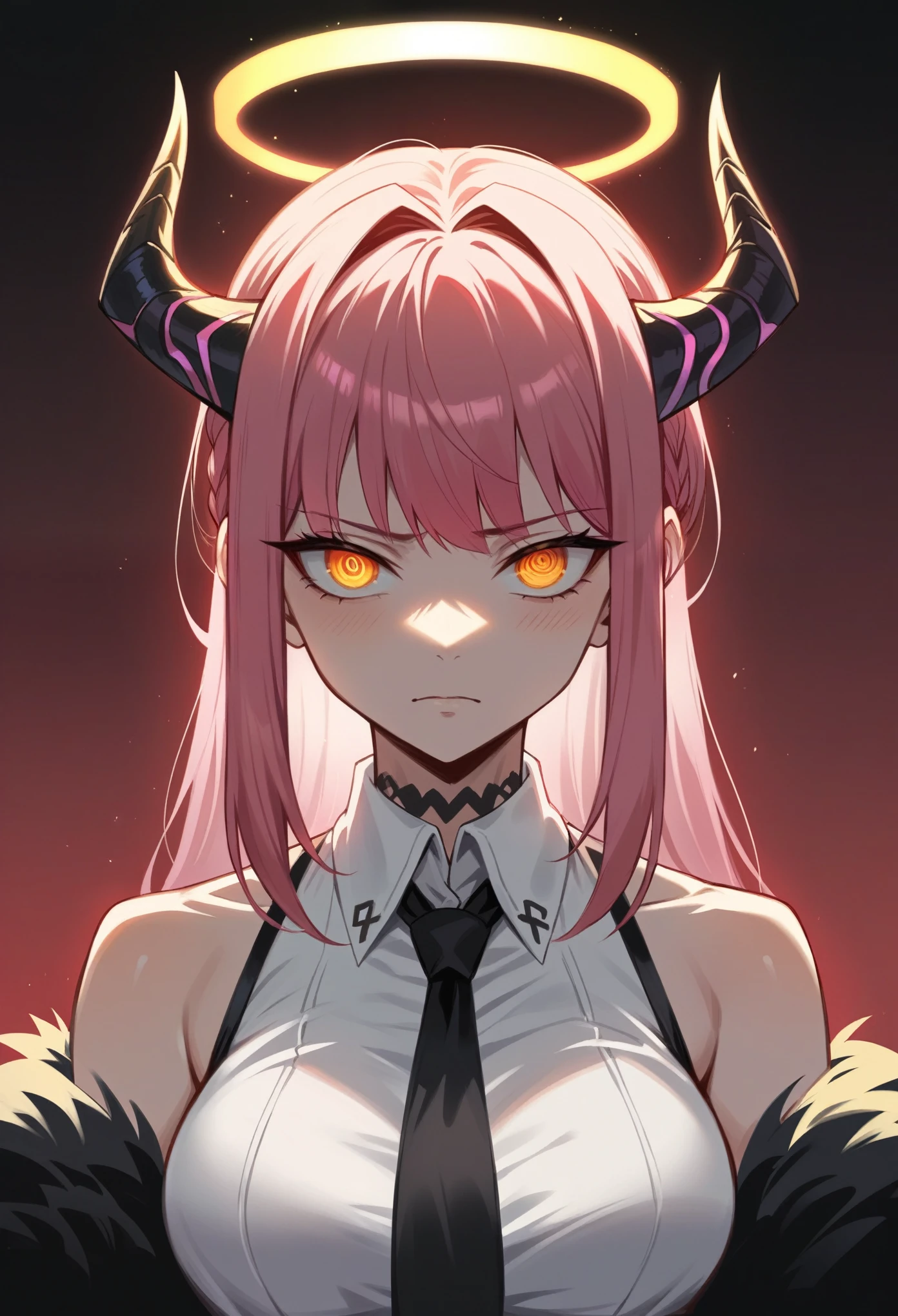 makiman,"A striking digital art portrait of a young woman with long, flowing pink hair, a glowing neon halo, and horns atop her head. Her intense red-orange eyes shine with a piercing, hypnotic gaze. She wears a white collared shirt and a black tie, projecting a powerful, confident presence. Black-gloved hands surround her, gently touching her head and shoulders, adding a sense of tension. The background is dark, with deep shades of purple and red, highlighting the chains crisscrossing behind her, creating a dramatic, otherworldly atmosphere."