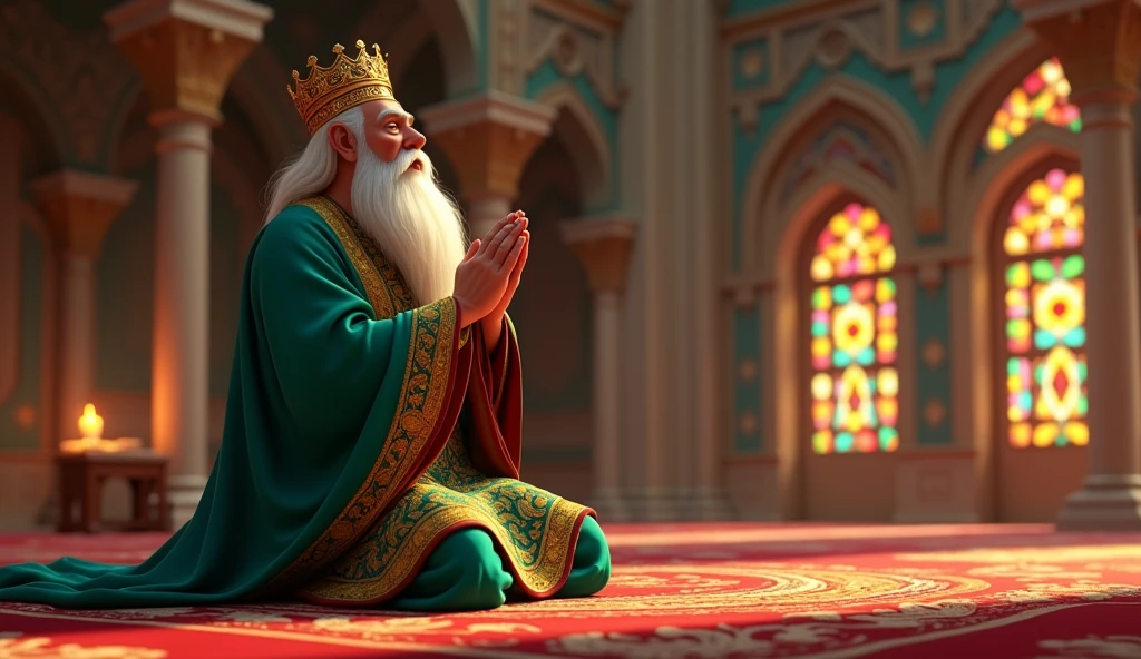 Creat a animated image of a old Muslim king praying of Allah to give his power