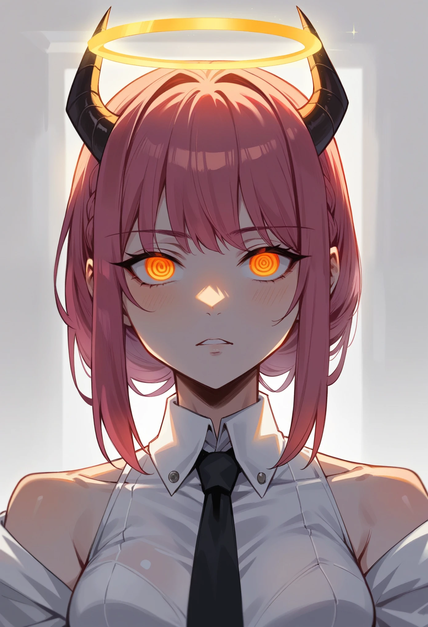 makiman,"A striking digital art portrait of a young woman with long, flowing pink hair, a glowing neon halo, and horns atop her head. Her intense red-orange eyes shine with a piercing, hypnotic gaze. She wears a white collared shirt and a black tie, projecting a powerful, confident presence. Black-gloved hands surround her, gently touching her head and shoulders, adding a sense of tension. The background is dark, with deep shades of purple and red, highlighting the chains crisscrossing behind her, creating a dramatic, otherworldly atmosphere."