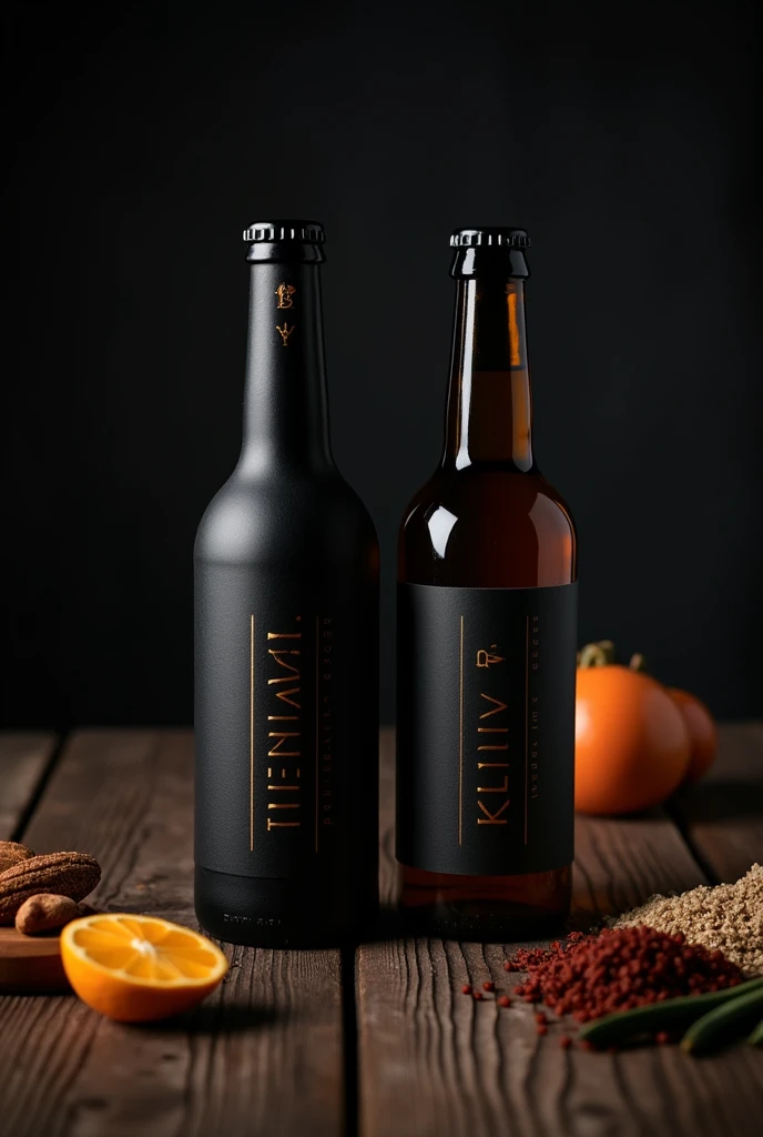 Making a beer with two bottles behind, bottle with black packaging with black background