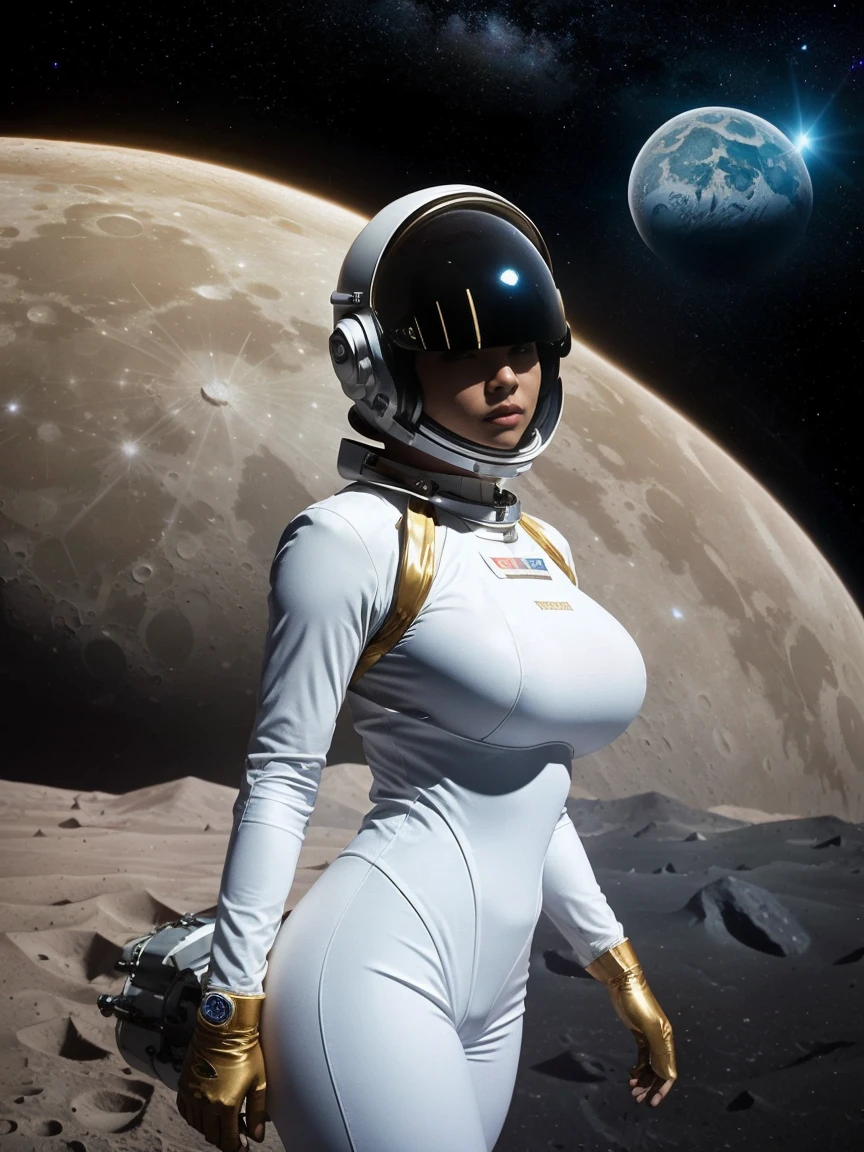 Gorgeous and sultry busty athletic (thin) astronaut with sharp facial features wearing a white space suit, opaque space helmet, gold visor, spacesuit, bodysuit, ray gun, jetpack, spaceship, 1960's, space, lunar surface, moon, earth rise, Earthrise, space, stars, American flag, huge boobs