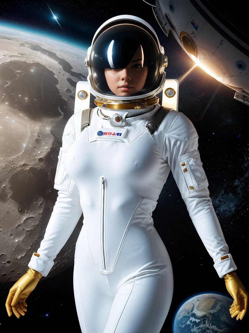 Gorgeous and sultry busty athletic (thin) astronaut wearing a white space suit, opaque space helmet, gold visor, spacesuit, bodysuit, ray gun, jetpack, spaceship, 1960's, space, lunar surface, moon, earth rise, Earthrise, space, stars, American flag, huge boobs