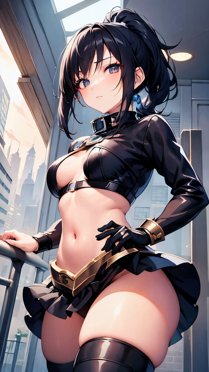 Anime Style,beautiful girl,looking at the camera,Look down here,From below,Expressionless,Odd Eye,Closed mouth expression,Side Ponytail,short hair,(Asymmetrical Hair),Black Hair,Starry Sky,night,Fantasy World,Black thief armor,((((Thief's Dagger)))),Cold look,Cool Beauty,On the roof,In combat,Masked,(Skull tattoo on thigh),Thin waist,(((Drawing a weapon))),whole body,middle ages,Different world,magic,(Accentuate your cleavage),leather armor,Thief armor with gold decoration,(Black hooded cloak),(Pussyの割れ目),((Tight-fitting outfits)),(Belly button exposed),Gloss,((Completely naked)),tits,Pussy,White skin,Jump,Confused face,(Blushing),Detailed depiction 4k,((Top quality)),((Hold the sword backwards)),Magic Sword,(美しいmagicの背景)