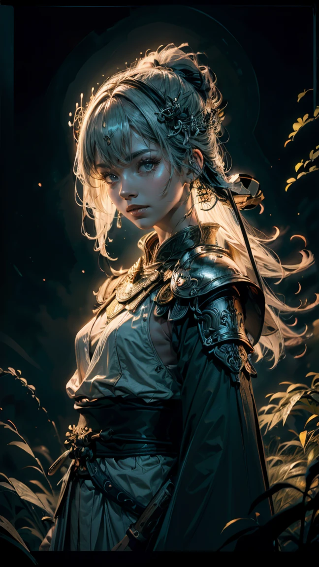 standing in bright sunlight, Highly dramatic lighting Action Scene, Feudal samurai wearing bright white fantasy armor with jelly Emblem coming Out of the Fog wearing a burning intricate detailed samurai Armor, cloak over one shoulder, atmospheric backlight, atmospheric haze, Film grain, cinematic film still, shallow depth of field, highly detailed, high budget, cinemascope, moody, epic, OverallDetail, gorgeous, 2000s vintage RAW photo, photorealistic, candid camera, color graded cinematic, eye catchlights, atmospheric lighting, skin pores, imperfections, natural, shallow dof, deep blacks, high monochrome contrast,