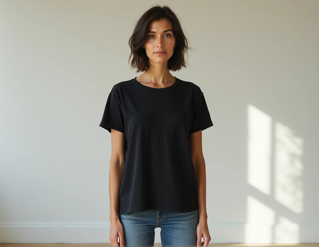 thin brunette woman around 35 years old short hair, a small scar on the nose. small tattoo on the left arm wearing a black cotton t-shirt showing the face to the beginning of the legs. wearing jeans. clean background.