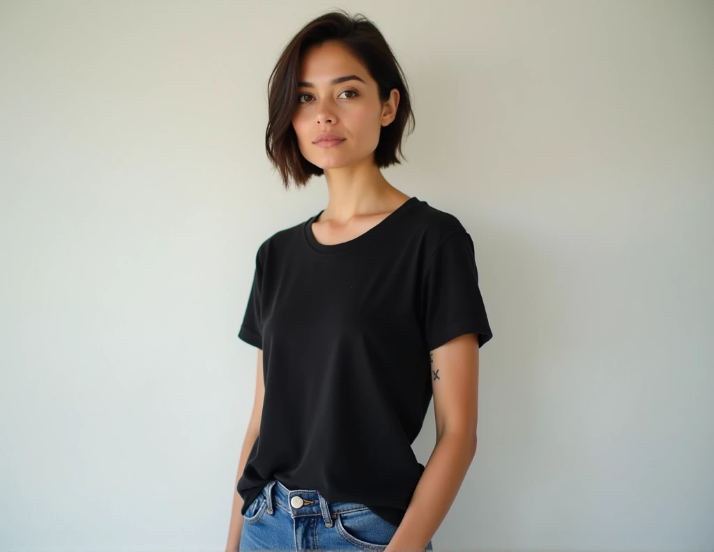 thin brunette woman around 35 years old short hair, a small scar on the nose. small tattoo on the left arm wearing a black cotton t-shirt showing the face to the beginning of the legs. wearing jeans. clean background. 