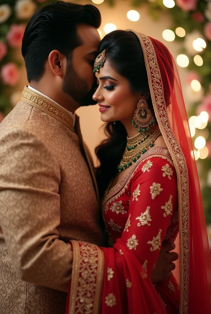 pakistani bride is hugging her groom and only her eyes are showing because the photo is taken from behind the groom