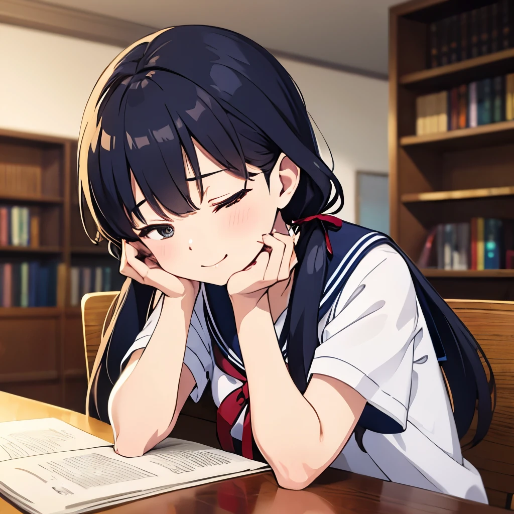 1girl, 16yo, (sitting),
(leaning forward, bend over:1.2),
(place head on the desk:1.4), falling asleep,
(arms down), arms on the desk, hands on the desk, hands in front, arms in front,
dynamic,
(closed eyes), happy smile,
indoors, desk, chair, library, electric fan, (black hair, very long hair), (low twintails:1.2), low pigtails, red hair ribbon,
navy-blue collar, white serafuku with blue ribbon, navy-blue skirt,
(dark brown eye), upper body,
afternoon, summer,
from front, (from above:0.5),
high brightness, detailed face, detailed eyes,
(high quality, ultra detailed, masterpiece, super detail, highres, anatomically correct, UHD),
Japanese anime style, extremely cute, good hands, good fingers