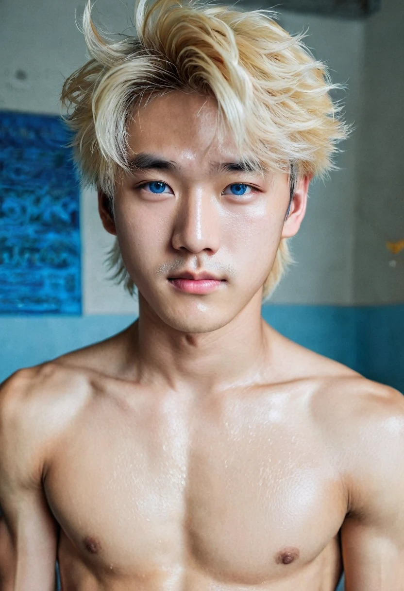 Korean boy sweaty shirtless blond hair blue eyes underwear