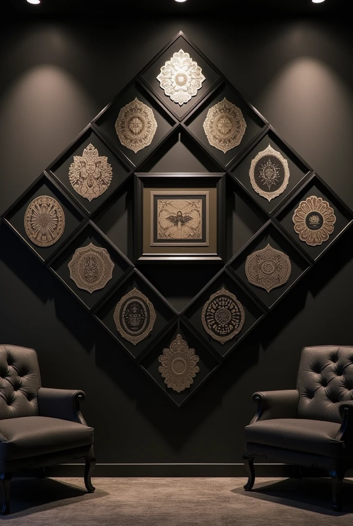 Wall with black frame albums in arranged in dimond shape