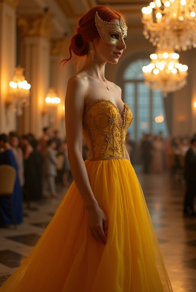 Redhead woman in long yellow dress and ball mask ,fully body