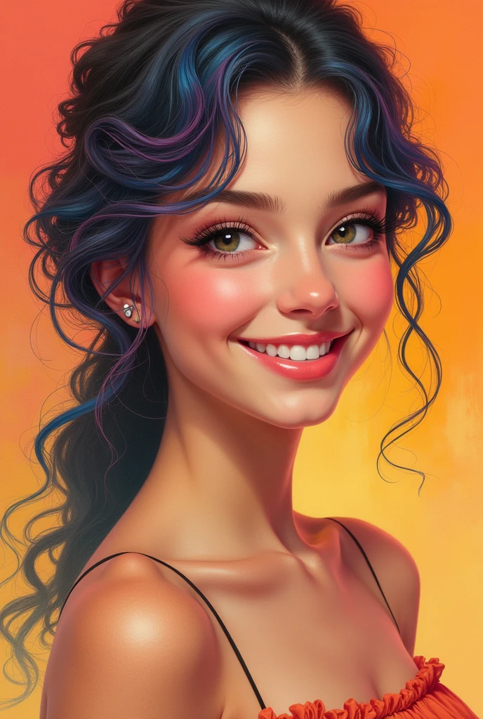 ((masterpiece)), ((Highest quality)), (Portrait of a beautiful girl), Eye for perfect detail, Face in perfect detail, Very elaborate nose, Open your mouth, Radom Color Shorts, Perfect Teeth, Exposing shoulders, Charm, Perfect Face, Dimples on cheeks, Depth of written boundary, High resolution, ((Realistic skin texture)), (Well-proportioned hands), Thin lips, Random color hair, Floating multicolored hair, Narrow waist, Orange pastel background