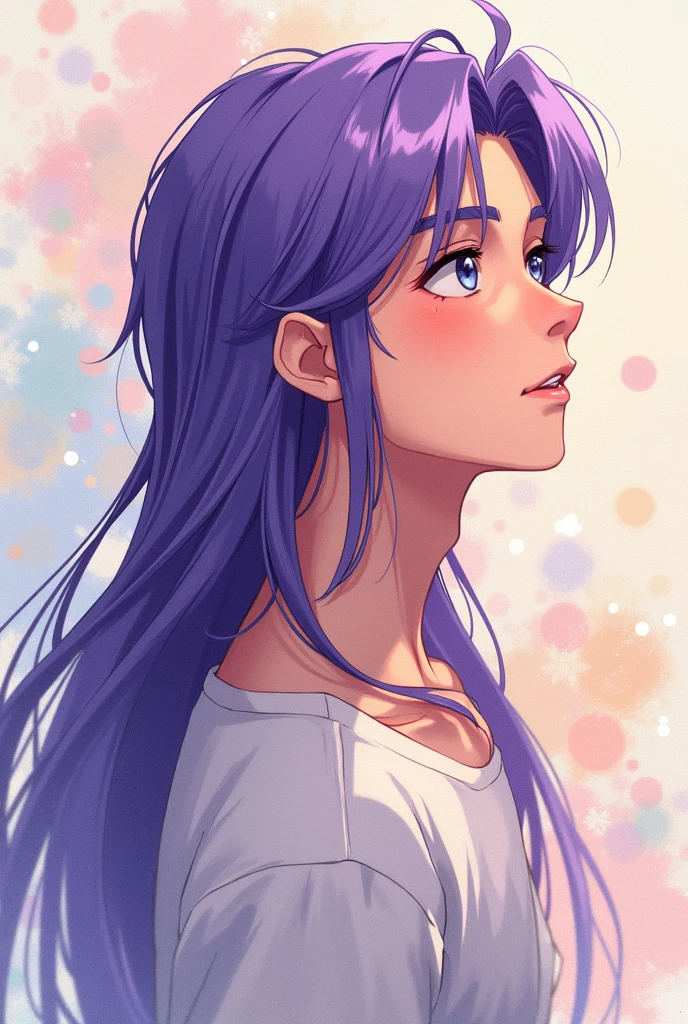 simple, purple hair, man, anime, as if a person had drawn roughly, long neat hair