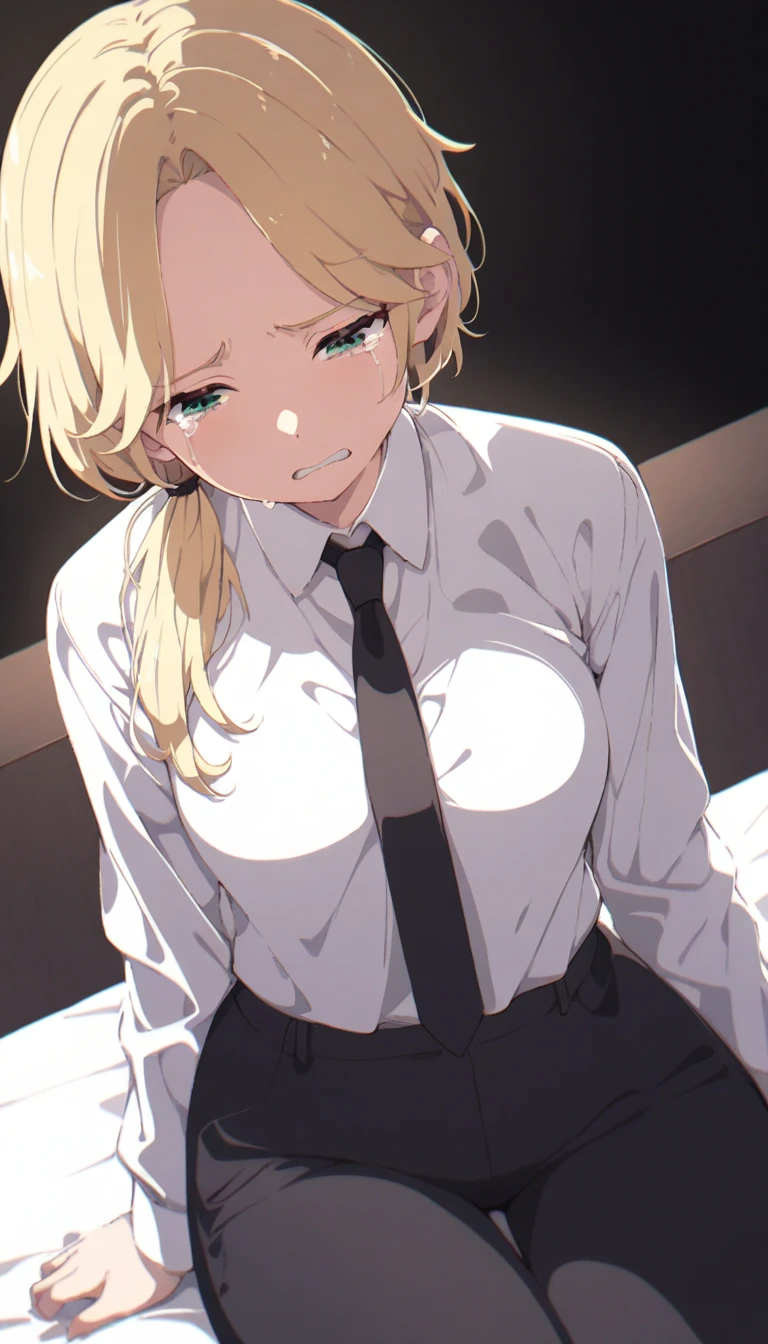 solo, Adult woman, medium breasts, curvy body, Short Messy Ponytail, Blonde hair colors, close up shot on person suffering from anxiety, cry face, a woman showing sadness, lonely woman, a woman sitting in bed, white shirt, black tie, Long-sleeved shirt, black trousers, dynamic angle. no light source, dark background, night days, dark hotel bedroom background,