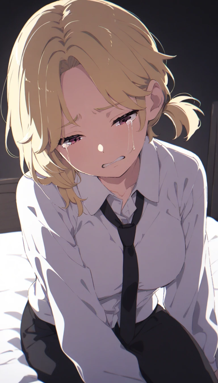 solo, Adult woman, medium breasts, curvy body, Short Messy Ponytail, Blonde hair colors, close up shot on person suffering from anxiety, cry face, a woman showing sadness, lonely woman, a woman sitting in bed, white shirt, black tie, Long-sleeved shirt, black trousers, dynamic angle. no light source, dark background, night days, dark hotel bedroom background,