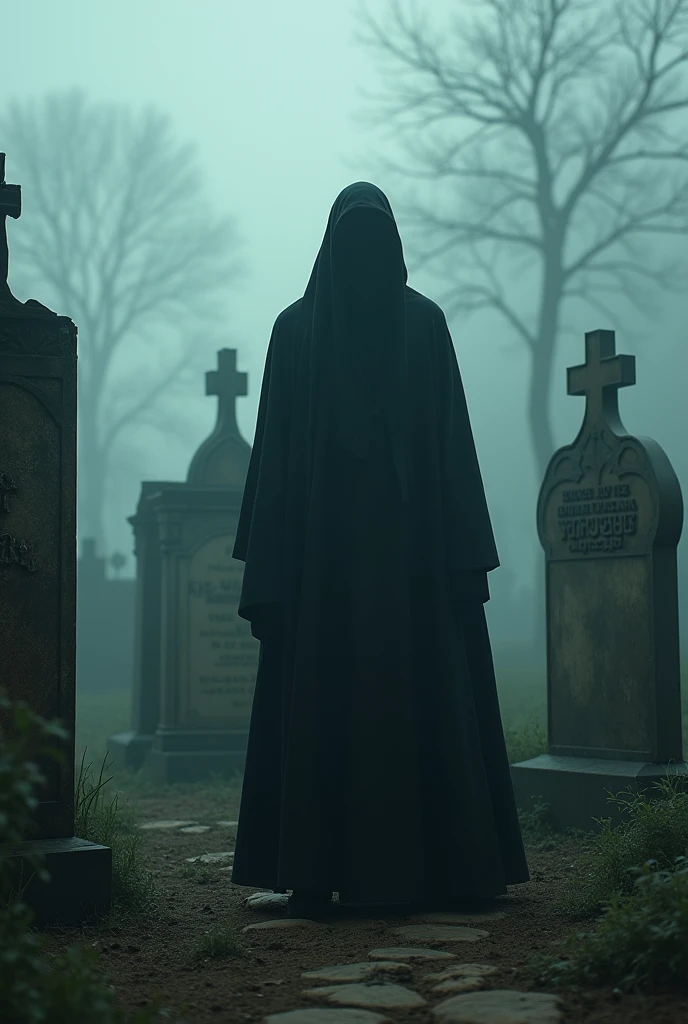 quality(masterpiece, highest quality, photorealistic, 8K resolution, sharp details, clear textures, ultra-realistic, cinematic lighting), BREAK, a Muslim graveyard (old, weathered gravestones, Arabic inscriptions, crescent moon symbols on some graves, quiet and eerie atmosphere, no crosses), BREAK, "Kon Murshid?" written in large, bold, gothic letters on a gravestone, very eye-catching and real-looking, BREAK, mysterious fog swirling around the graves, symbols of death reaching out from the mist, ominous atmosphere, fear-inducing, BREAK, 1 man (face hidden, wearing a long dark gown, standing near the grave with "Kon Murshid?" written on it), BREAK, background (foggy Muslim graveyard,kabristan mist covering the ground, ancient tombstones, eerie lighting, unsettling atmosphere), BREAK, (extremely detailed, from below angle:1.3, dynamic and cinematic), hyper-realistic with sharp focus on the text and the graves.