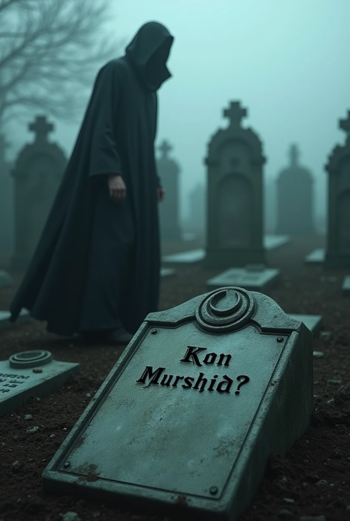 quality(masterpiece, highest quality, photorealistic, 8K resolution, sharp details, clear textures, ultra-realistic, cinematic lighting), BREAK, a Muslim graveyard (old, weathered gravestones, Arabic inscriptions, crescent moon symbols on some graves, quiet and eerie atmosphere, no crosses), BREAK, "Kon Murshid?" written in large, bold, gothic letters on a gravestone, very eye-catching and real-looking, BREAK, mysterious fog swirling around the graves, symbols of death reaching out from the mist, ominous atmosphere, fear-inducing, BREAK, 1 man (face hidden, wearing a long dark gown, standing near the grave with "Kon Murshid?" written on it), BREAK, background (foggy Muslim graveyard,kabristan mist covering the ground, ancient tombstones, eerie lighting, unsettling atmosphere), BREAK, (extremely detailed, from below angle:1.3, dynamic and cinematic), hyper-realistic with sharp focus on the text and the graves.
