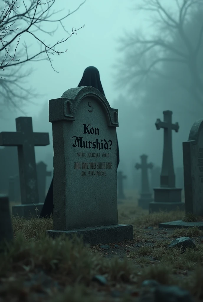 quality(masterpiece, highest quality, photorealistic, 8K resolution, sharp details, clear textures, ultra-realistic, cinematic lighting), BREAK, a Muslim graveyard (old, weathered gravestones, Arabic inscriptions, crescent moon symbols on some graves, quiet and eerie atmosphere, no crosses), BREAK, "Kon Murshid?" written in large, bold, gothic letters on a gravestone, very eye-catching and real-looking, BREAK, mysterious fog swirling around the graves, symbols of death reaching out from the mist, ominous atmosphere, fear-inducing, BREAK, 1 man (face hidden, wearing a long dark gown, standing near the grave with "Kon Murshid?" written on it), BREAK, background (foggy Muslim graveyard,kabristan mist covering the ground, ancient tombstones, eerie lighting, unsettling atmosphere), BREAK, (extremely detailed, from below angle:1.3, dynamic and cinematic), hyper-realistic with sharp focus on the text and the graves.