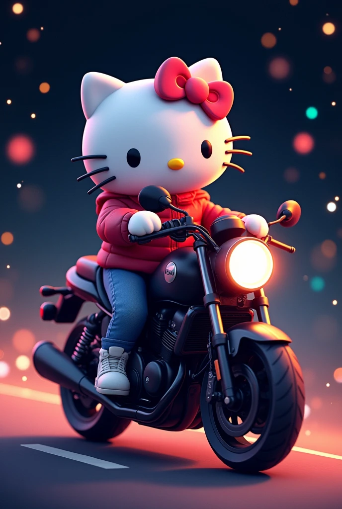 hello kitty adorable and fluffy, on a black motorcycle, logo design, Cartoon, movie light effect, charming, arte vectorial 3D, Cute and extravagant, Fantasy Art, bokeh, hand-drawn, Digital paint, Soft lighting, isometric style, 4k resolution, photorealistic rendering, Very detailed cleaning, vector image, Photorealistic masterpiece, Professional photography, Black background with stars, Isometry, vibrant vector