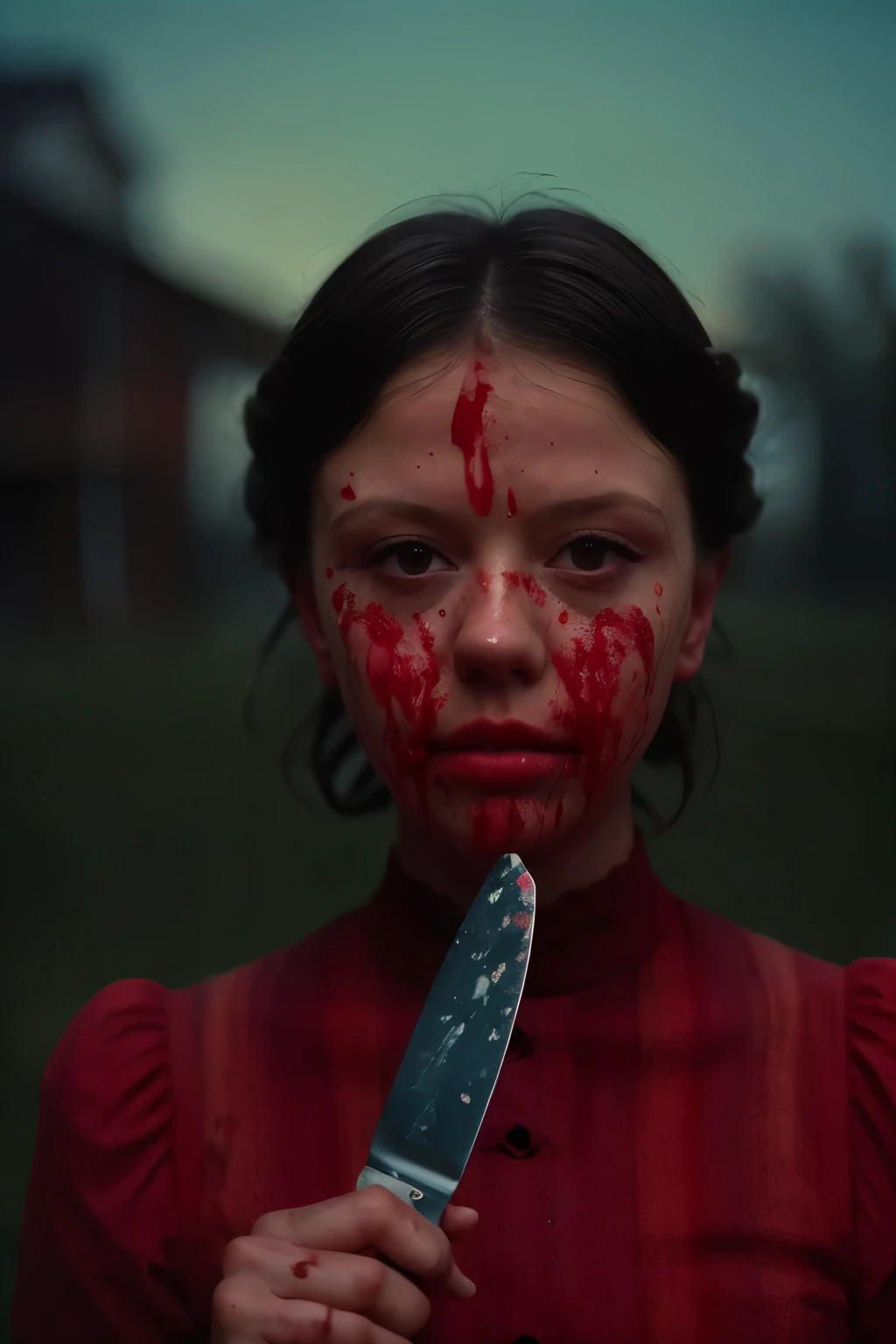 Head and sholders portrait. (Pearl from the A24 movie "Pearl", ((blood splatter droplets on her face)), holding an knife, wearing a red dress), standing in a dimly lit, eerie farmhouse setting, cinematic lighting, hyper-realistic style, high detail, dramatic shadows, (shallow depth of field), (moody color grading), (sharp focus), (tense atmosphere), (vintage film grain), (portrait photography style), dark background, (masterpiece: 2), best quality, ultra highres, original, extremely detailed, perfect lighting
