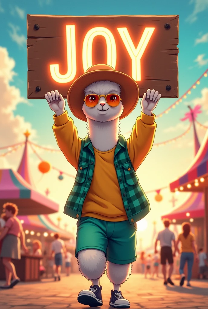 An alpaca wearing a green checkered shirt an open sweatshirt yellow blue pants and white shoes is wearing a sun hat and sunset colored sunglasses he is holding a very large sign above his head and he is in a very fun place the image has to be in anime