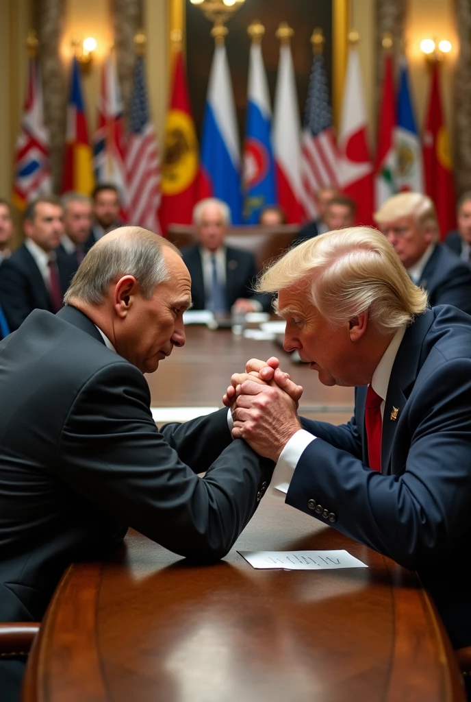 Vladimir Putin and Donald Trump arm wrestling at a UN meeting