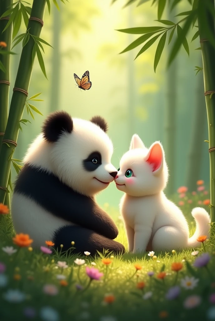 Cute panda and white cat love kissing