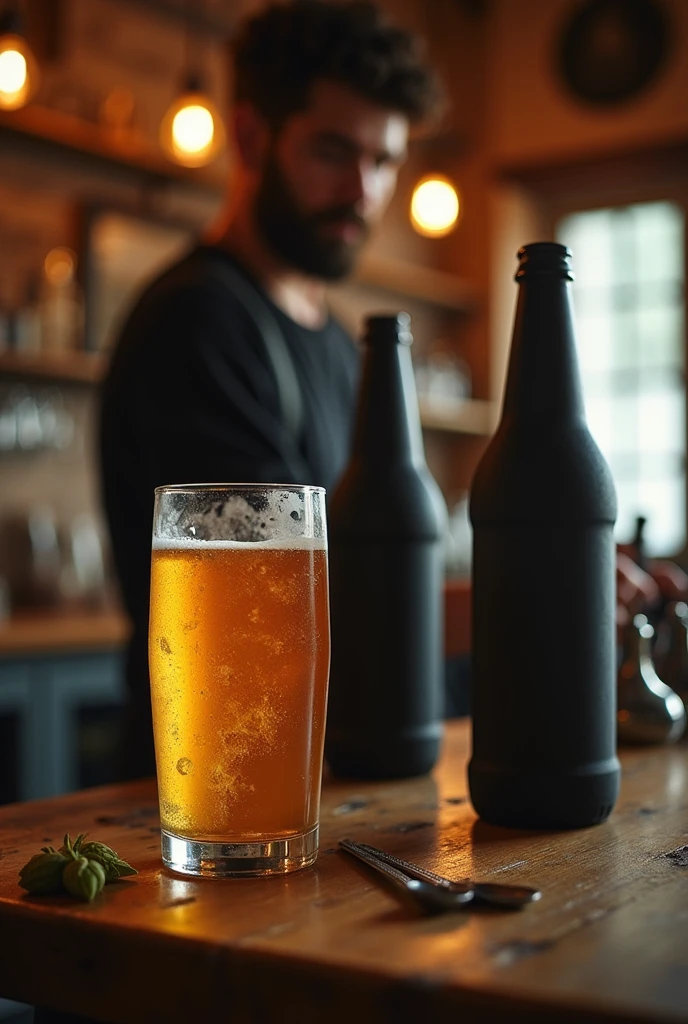 Making a beer with two bottles behind, bottle with black packaging with a black bottom and there must be a glass of beer in front of it 

