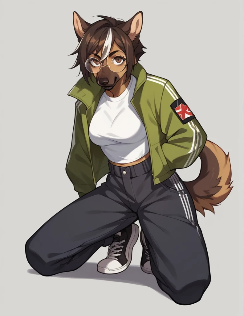 solo, score_9, score_8_up, score_7_up, score_6_up, score_5_up, source_anime, score_4_up, German Shepherd Anthro, Female One, perfectbody, Medium chest, chestnut hair, white streak in bangs, brown dark eyes, cropped preto, elongated fur-lined jacket, baggy pants (black pants), looking at the viewer, round glasses (white glasses), black sneakers (brown sneaker sole)
