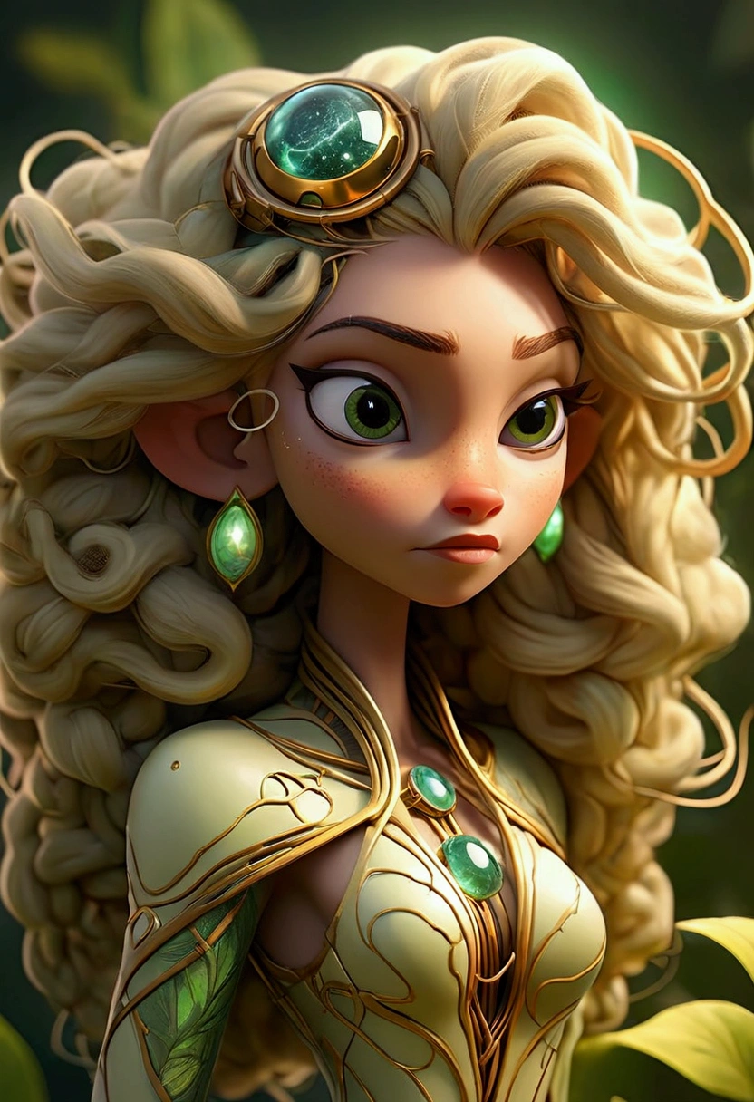 A vibrant and harmonious illustration of Solarpunk Gaia, depicting a futuristic yet organic world where nature and technology coexist in perfect balance. The image features a serene and powerful Gaia, a goddess of the Earth, standing amidst a lush forest with towering trees, their trunks adorned with glowing, ethereal circuits and wires. Gaia's skin has a warm, golden undertone, and her hair is a wild tangle of curly, verdant locks, with leaves and vines woven throughout. Her facial features are strong and gentle, with high cheekbones, a subtle smile, and piercing emerald green eyes that shine like the brightest stars. She wears a flowing, ornate gown made of iridescent fabrics that shift and shimmer like the aurora borealis, with intricate patterns resembling the networks of a motherboard. The background is a warm, sunny yellow, with hints of orange and pink, evoking a sense of optimism and hope. The overall style is a blend of fantastical, dreamlike quality and meticulous, industrial precision, with bold lines, subtle textures, and a sense of depth and dimensionality.