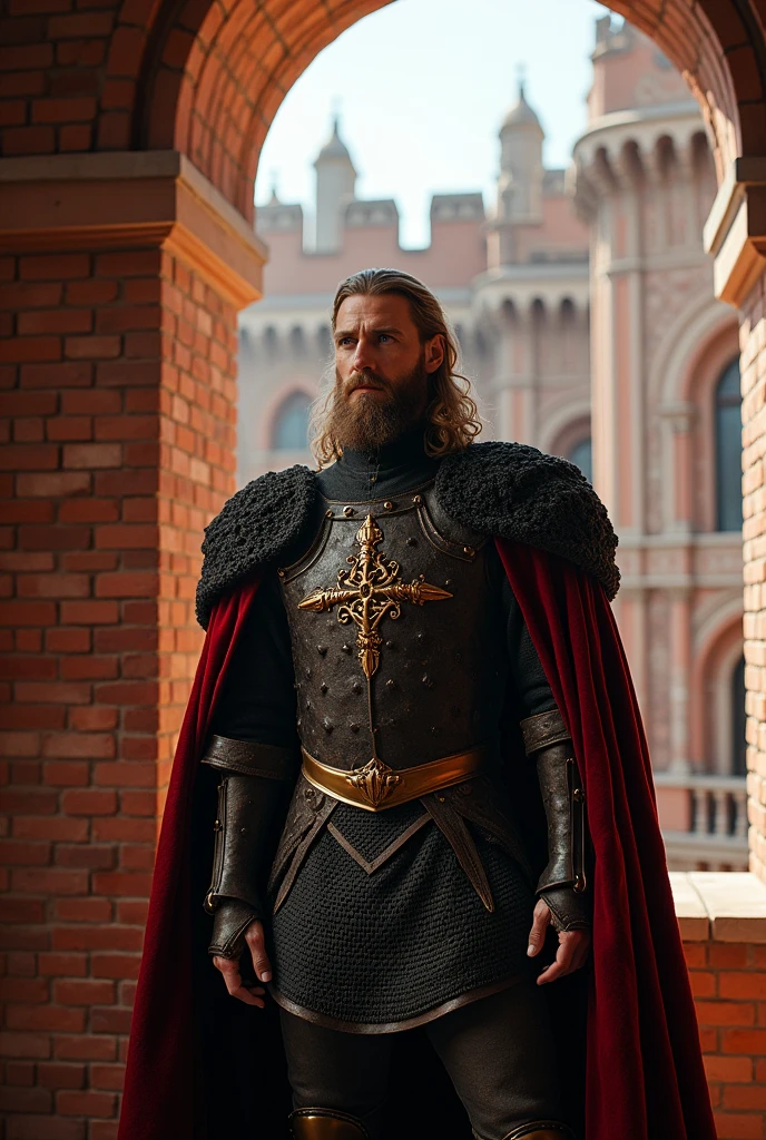 Room casttle window open,balcony, rooftop, 3D effect red bricks wall, intricate details insanely king bearded"I have a beauty waiting for me in Winterfell… if I ever get back there. Yellow hair, blue eyes, the tallest woman you've ever seen. Almost as tall as you.", 3D effect ultra-detailed intricate details full HD, full body, ultra realistic, expressive eyes insanely detail, design, dramatic angle, extreme angle shot, close-up portrait, dress black crochet, red leather. , golden armory aerial shot, silhouette, vibrant color grading, aerial shot, rear projection, high-angle shot