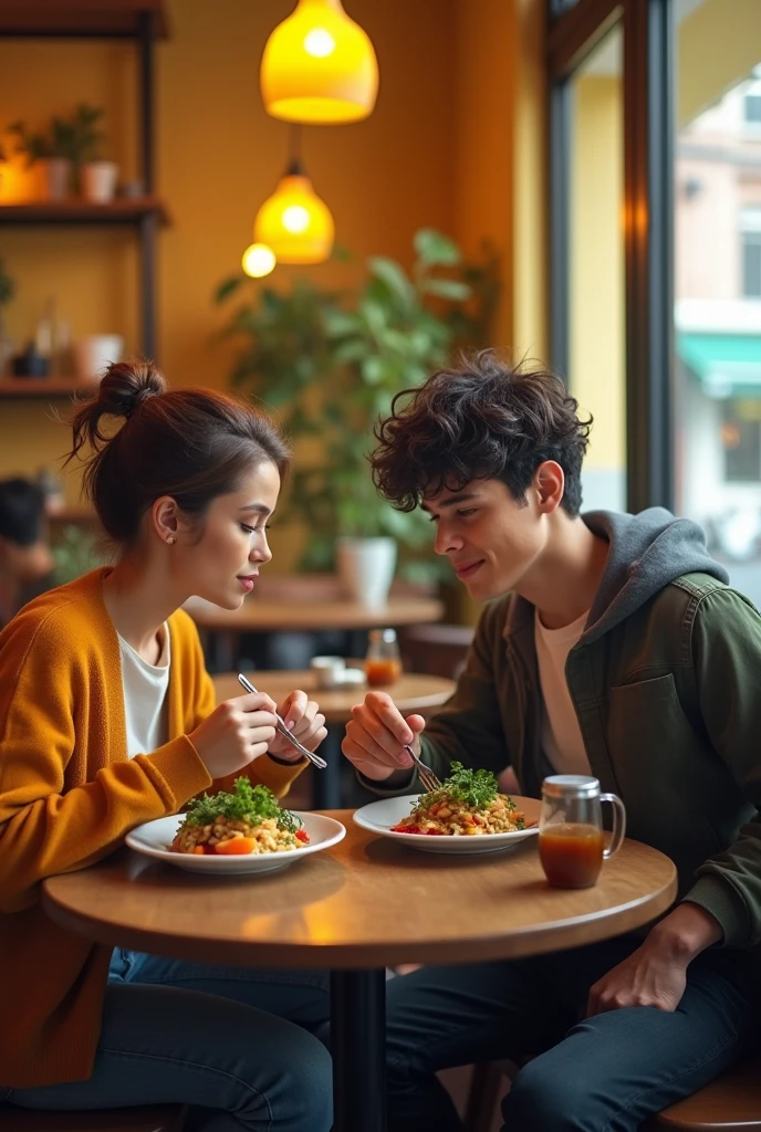 Two people sitting side by side at the same table and eating the same meal, one of them is eating in a thoughtful and anxious way, while the other is just focused on his meal and smiling. Birbirlerini tanımıyorlar.