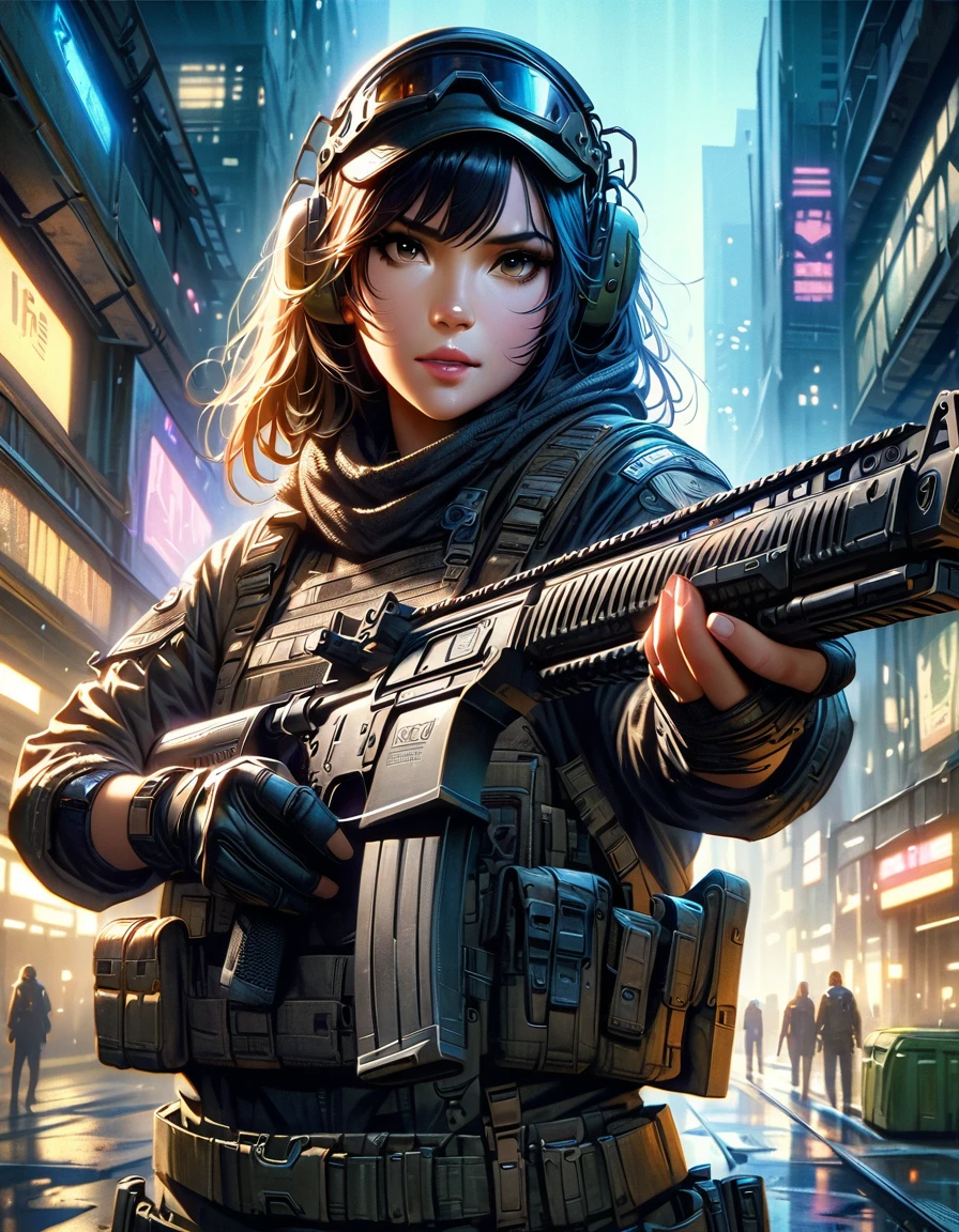 a beautiful young woman with long flowing black hair, detailed facial features, piercing eyes, holding two high-tech futuristic assault rifles, dramatic lighting, cinematic angles, dark and gritty cyberpunk cityscape background, (best quality,4k,8k,highres,masterpiece:1.2),ultra-detailed,(realistic,photorealistic,photo-realistic:1.37),dark and moody atmosphere, dramatic lighting, dystopian future, intricate details, highly realistic, moody colors, cinematic composition