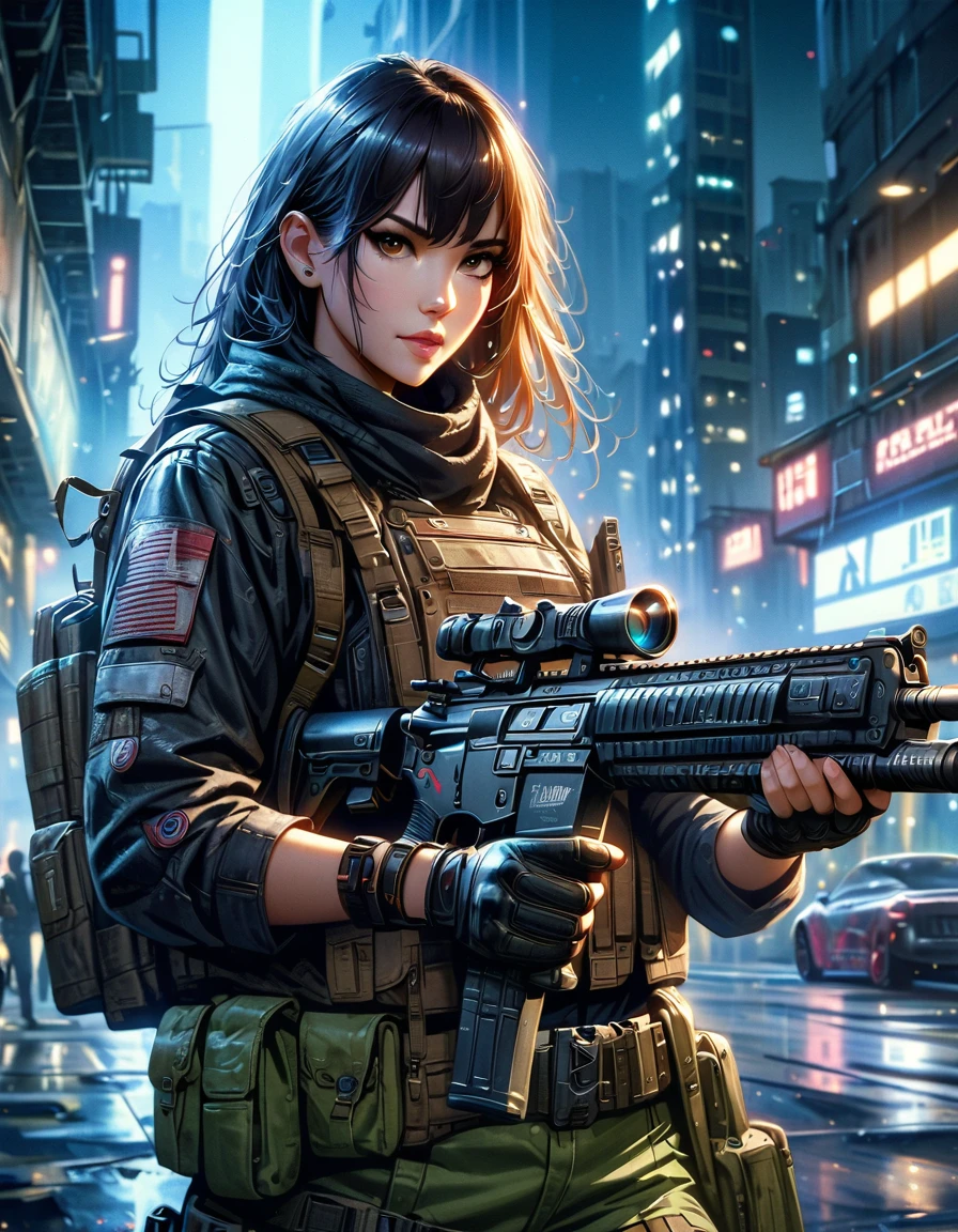 a beautiful young woman with long flowing black hair, detailed facial features, piercing eyes, holding two high-tech futuristic assault rifles, dramatic lighting, cinematic angles, dark and gritty cyberpunk cityscape background, (best quality,4k,8k,highres,masterpiece:1.2),ultra-detailed,(realistic,photorealistic,photo-realistic:1.37),dark and moody atmosphere, dramatic lighting, dystopian future, intricate details, highly realistic, moody colors, cinematic composition