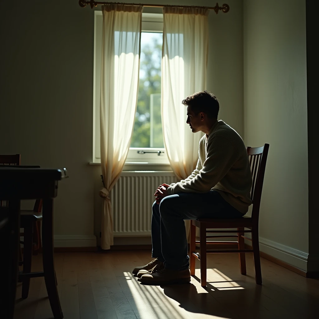 Here is a picture of a sad man sitting alone, reflecting feelings of loneliness or sadness, in a simple environment with soft tones to highlight the melancholic atmosphere