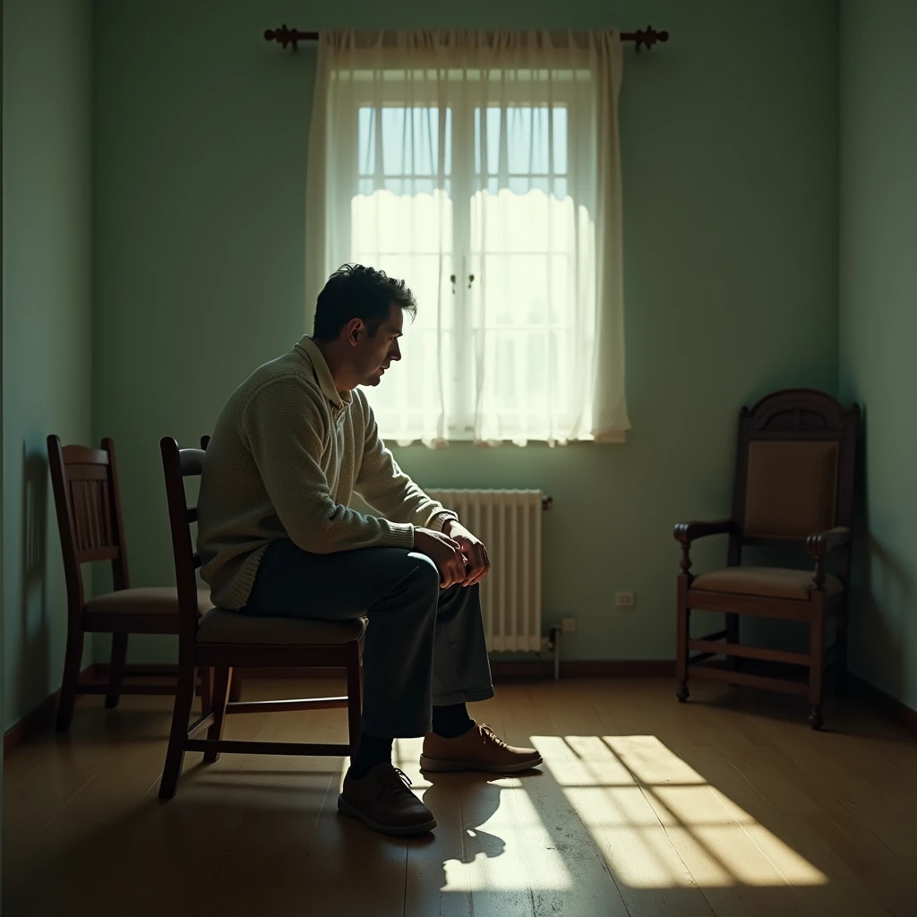 Here is a picture of a sad man sitting alone, reflecting feelings of loneliness or sadness, in a simple environment with soft tones to highlight the melancholic atmosphere
