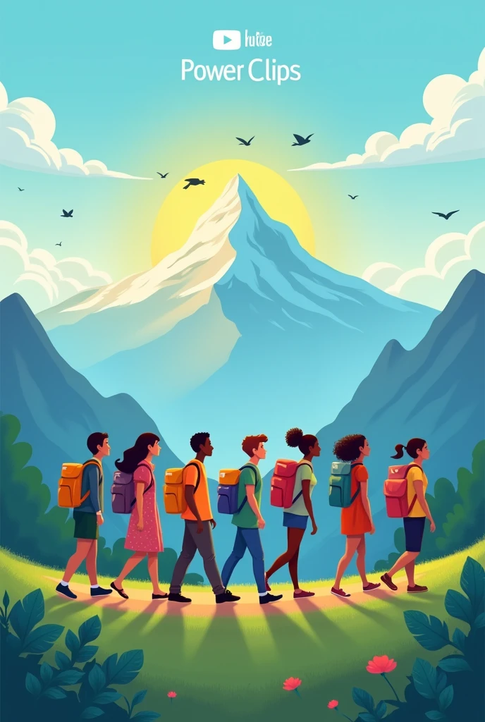 "Draw a scene in a light, illustrative style, with soft and vibrant colors, where a diverse group of seven adult people are walking towards a mountain in the background. The direction of walking is from left to right. Each person carries backpacks filled with books, symbolizing a journey of learning and personal development. On the horizon, the sun is rising behind the mountain, creating a warm and inspiring glow, while some birds fly in the clear blue sky. At the top of the image, insert the logo. YouTube and a banner with the words 'Power Clips Factual' in a relaxed and welcoming font style. The setting should convey a sense of progress, hope and teamwork, with lush greenery in the foreground and blue mountains in the background 8k, capa ra youtube."