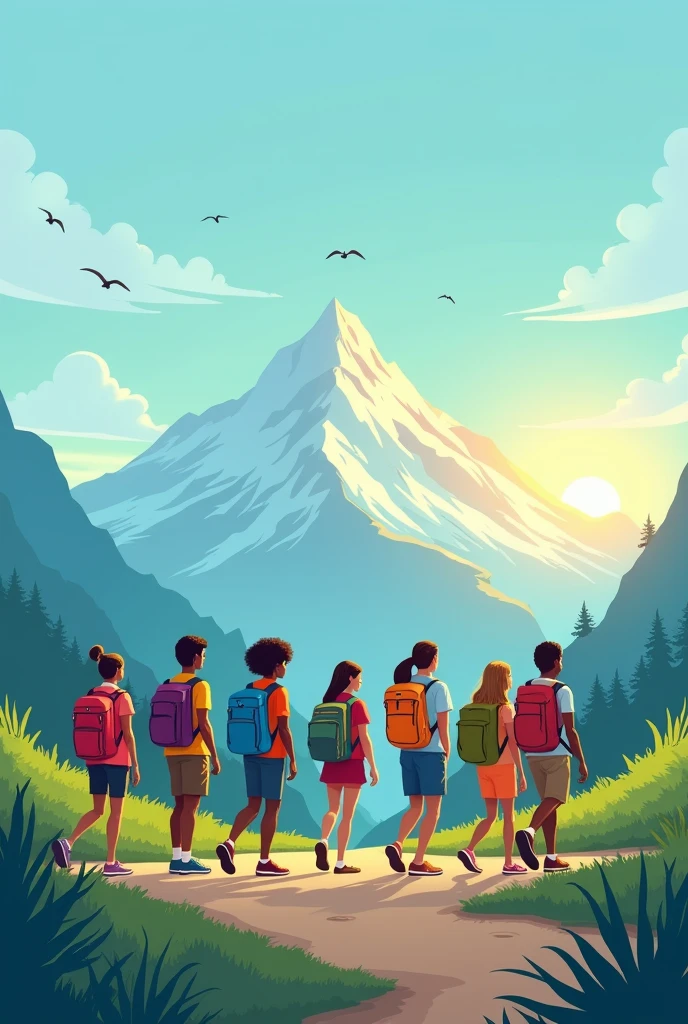 "Draw a scene in a light, illustrative style, with soft and vibrant colors, where a diverse group of seven adult people are walking towards a mountain in the background. The direction of walking is from left to right. Each person carries backpacks filled with books, symbolizing a journey of learning and personal development. On the horizon, the sun is rising behind the mountain, creating a warm and inspiring glow, while some birds fly in the clear blue sky. At the top of the image, insert the logo. YouTube and a banner with the words 'Power Clips Factual' in a relaxed and welcoming font style. The setting should convey a sense of progress, hope and teamwork, with lush greenery in the foreground and blue mountains in the background 8k, capa ra youtube."