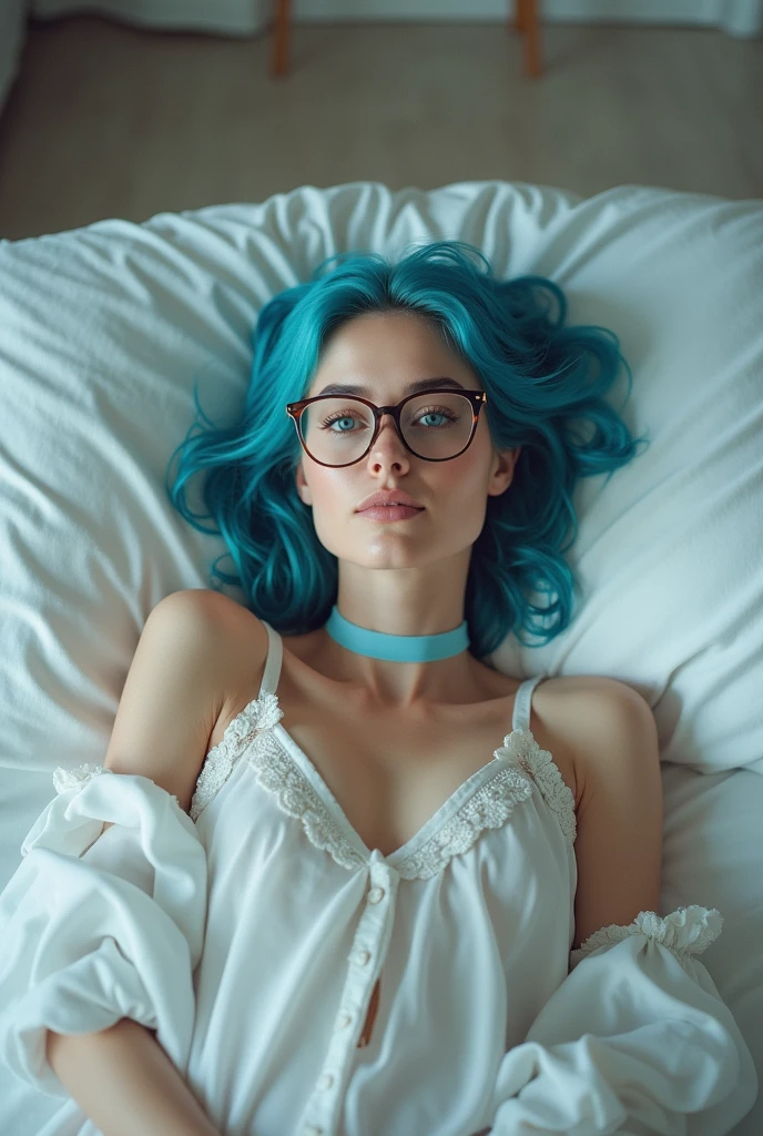 60 year old blue hair white woman, Scottish Irish, laying on a bed with her head on a pillow, overweight fat, extremely pale white skin, blue eyes, camera man having a above view of her face, looking at the camera with a orgasmic look, blue choker, blue night gown lingerie , blue glasses, eyes crossed, mouth slightly opened, legs up, showing vagina, legs open