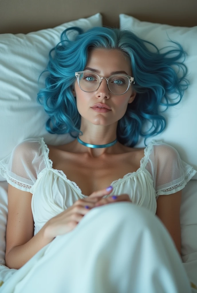 60 year old blue hair white woman, Scottish Irish, laying on a bed with her head on a pillow, overweight fat, extremely pale white skin, blue eyes, camera man having a above view of her face, looking at the camera with a orgasmic look, blue choker, blue night gown lingerie , blue glasses, eyes crossed, mouth slightly opened, legs up, showing vagina, legs open