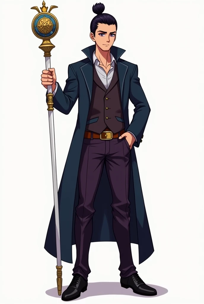 Make a wizard of d&d, he has a bun style hair, Her eyes are dark purple, your skin is peachy in tone, a little tanned, he wears a dark blue overcoat with a brown belt, His pants are dark purple and his shoes are black, he uses a white staff with small yellow and blue details, with a symbol of mystra the goddess of magic of d&d, do it in anime style, similar to the art style of attack on titan by estudio mappa, remove the background from the image, and leave it as a conceptual art, leave it as a sketch