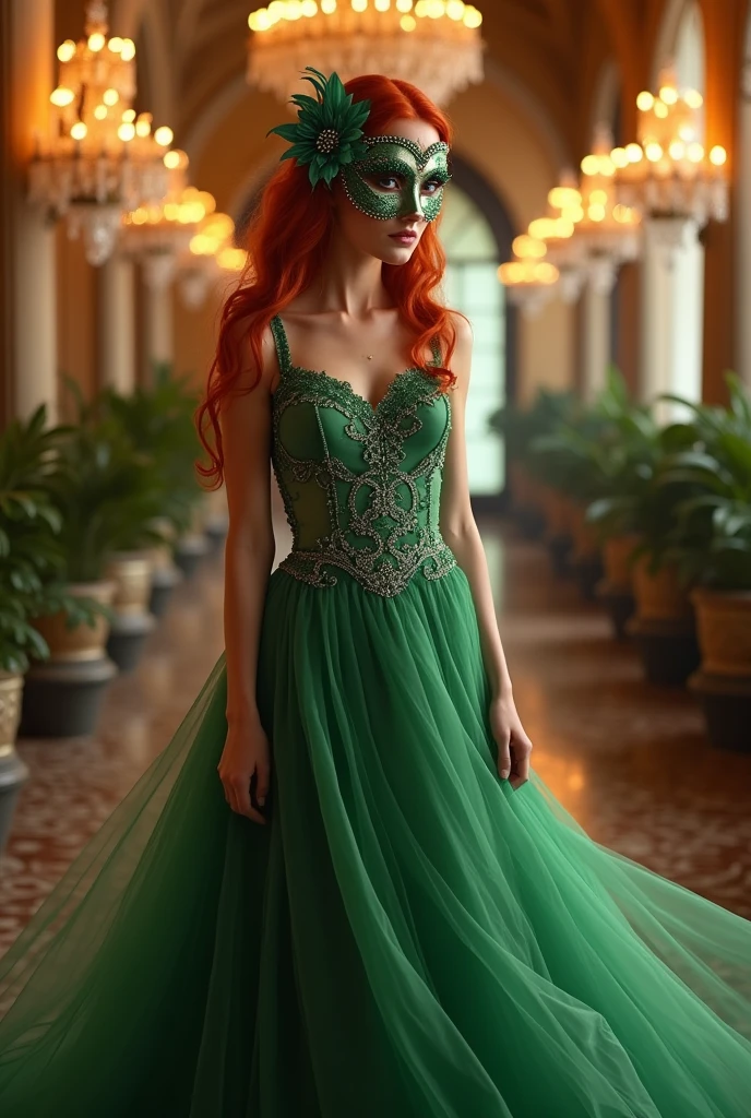 Red-haired woman in long green dress and ball mask ,fully body 