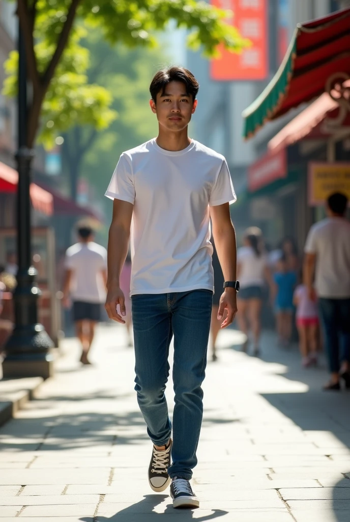 Asian man, adult, white skin, black hair, wear white t-shirt, deepblue  jeans, canvas shoes, 4k, walking 