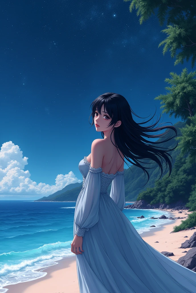 (masterpiece,Highest quality,,8k,High resolution),One female,,Beautiful Face,Beautiful Face,Beautiful eyes,Beautiful lips,,Black Hair,look back,Anime Beauty、flower,Sandy beach with a view of the forest,A bright night with stars visible,jewelry,Holding,Long sleeve,necklace,Long Hair,dress,(whole body),Highly detailed anime art,